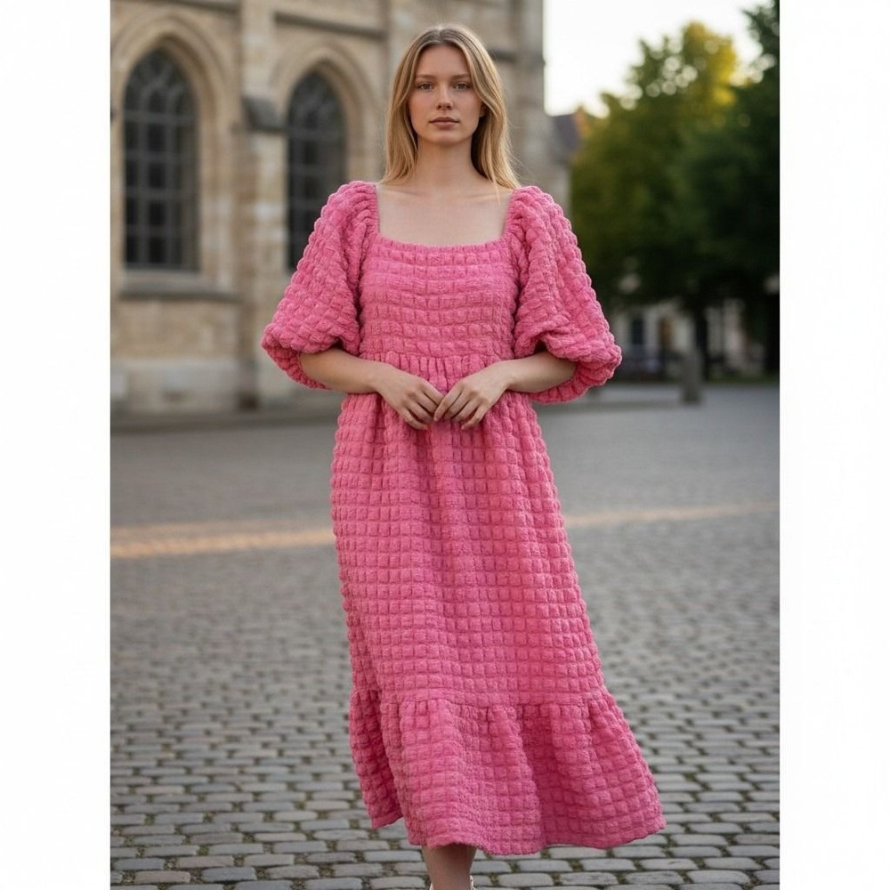 NWT Simply Southern Popcorn Midi Dress Womens Small Pink Smocked Puff Sleeve